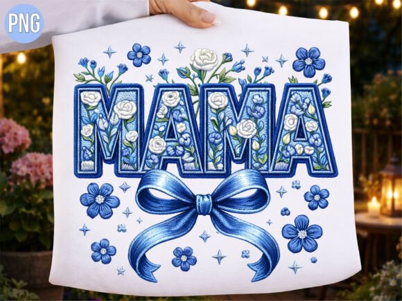 Blue Floral Mama Embroidery PNG T-SHIRT